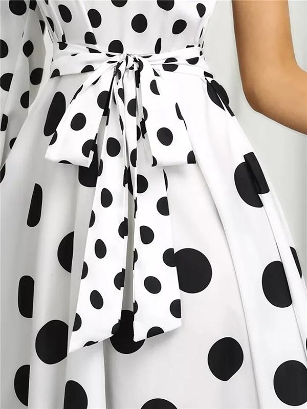 Long Sleeves Loose Contrast Color Polka-Dot Tied Waist One-Shoulder Maxi Dresses Product Image