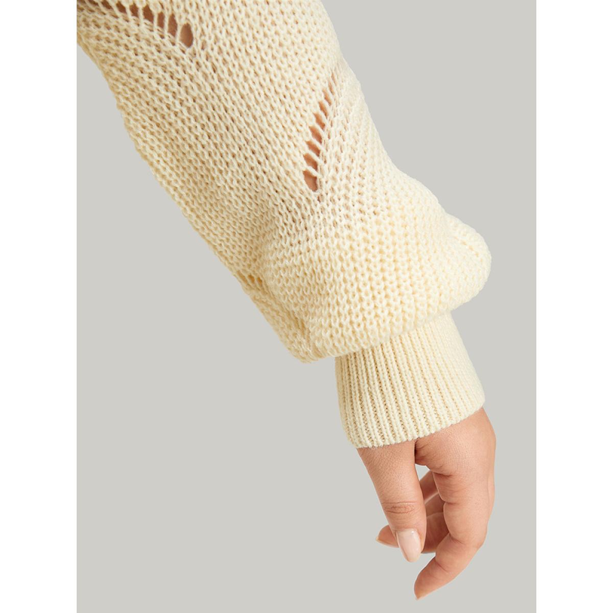 Plus Size Hollow Out Asymmetrical Hem Pullover Apricot Women Casual Loose Long Sleeve V-neck Dailywear Pullovers BloomChic 18-20/2X Product Image