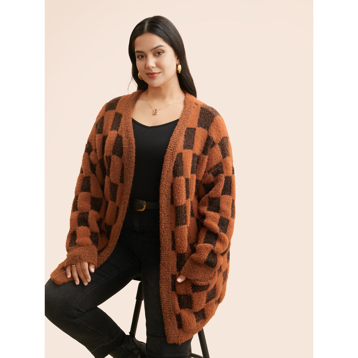 Plus Size Plaid Fluffy Patched Pocket Cardigan Yellowishbrown Women Casual Loose Long Sleeve Everyday Cardigans BloomChic 10/M Product Image