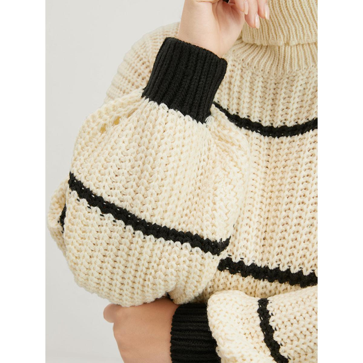 Plus Size Striped Contrast Pointelle Knit Lantern Sleeve Funnel Neck Knit Top Beige Women Elegant Loose Long Sleeve Turtleneck Dailywear Pullovers BloomChic 14-16/1X Product Image