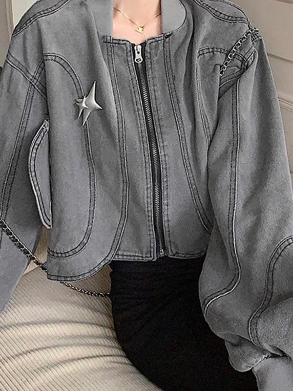 Gray Wash Curvy Hem Zip Up Short Jacket Product Image