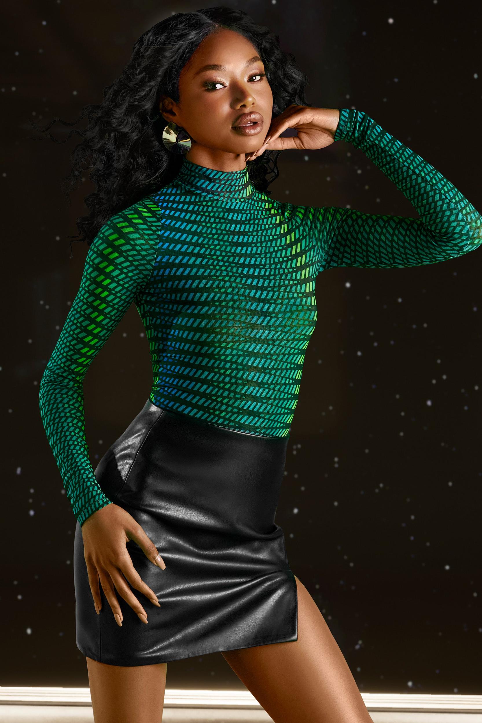 High Neck Mesh Bodysuit in Striped Print Product Image