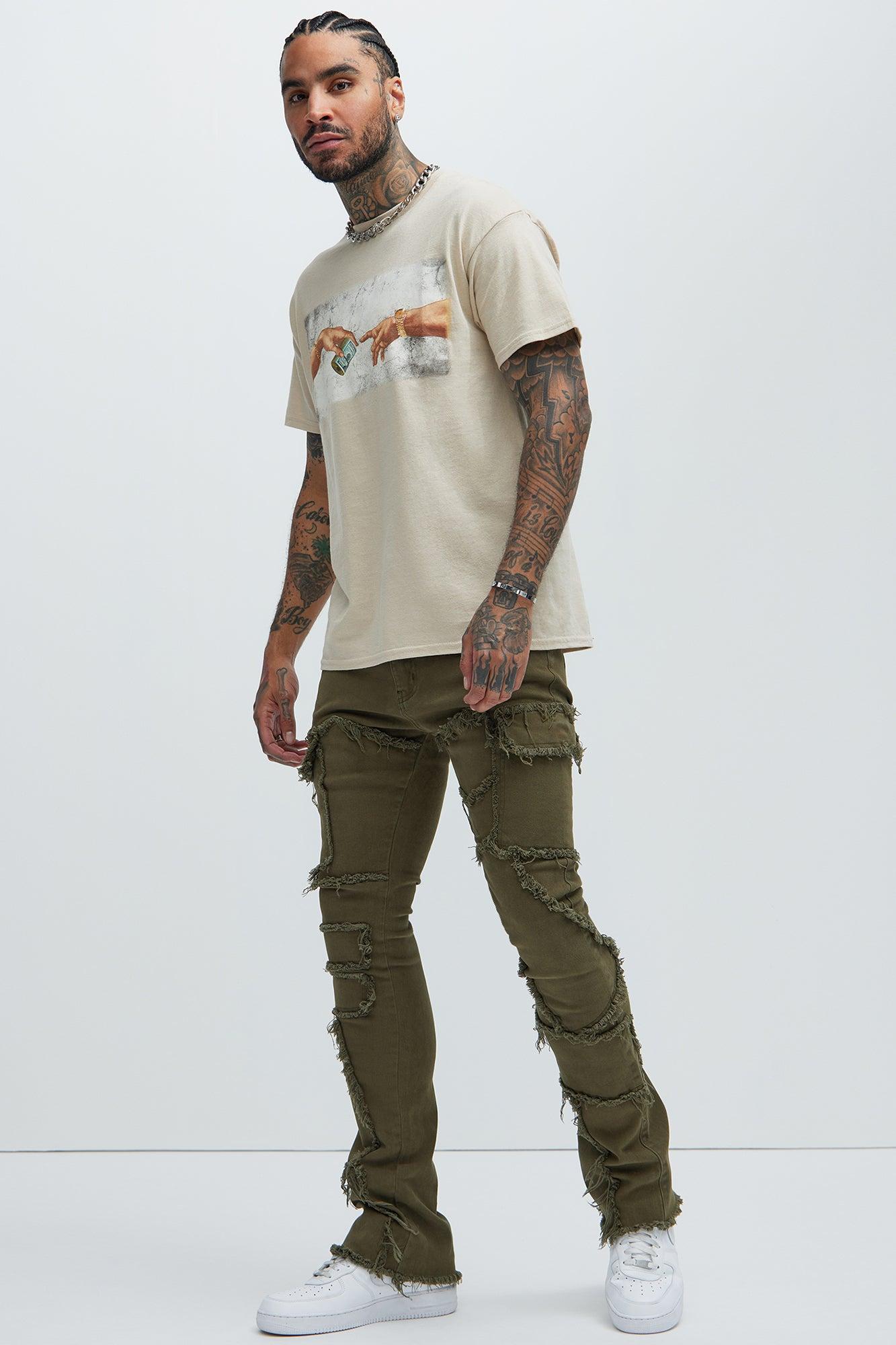 Trapping Frayed Stacked Skinny Flare Pants - Olive Product Image