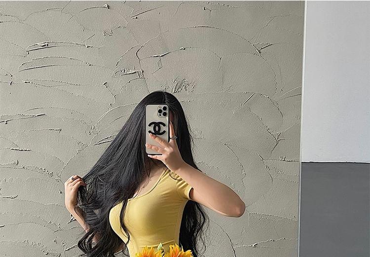 Short-Sleeve Square-Neck Plain Midi Mermaid Dress (Various Designs) Product Image