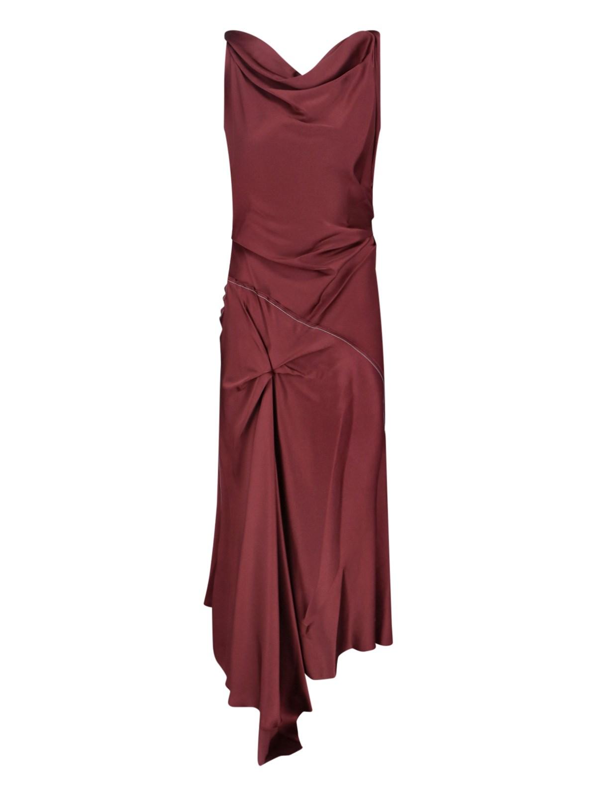 VICTORIA BECKHAM Asymmetric Draped Sleeveless Satin Midi Dress In Burgundy Product Image