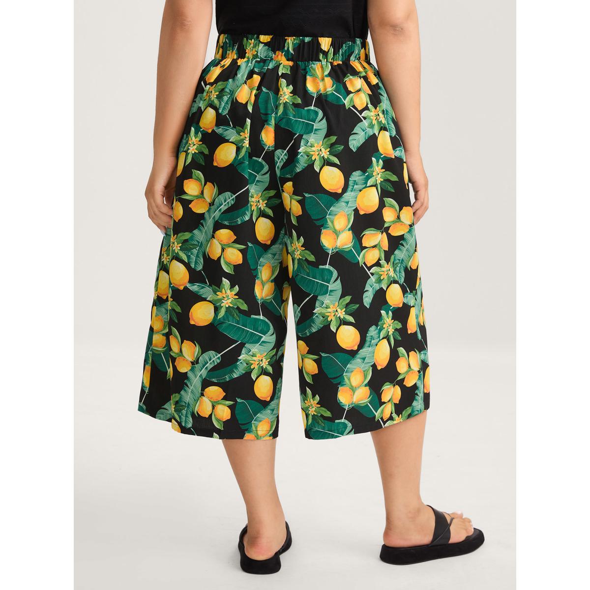 Plus Size Citrus Print Wide-Leg Pants Women BlackFlower Leisure Wide Leg Mid Rise Casual Pants BloomChic 30/6X Product Image