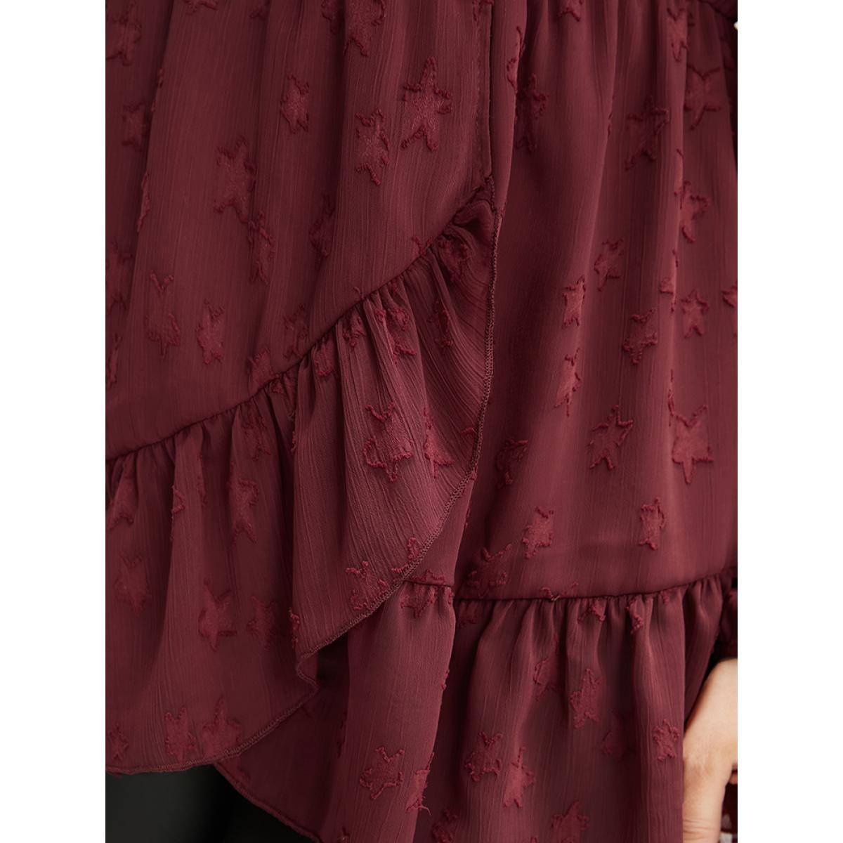 Plus Size Burgundy Star Mesh Lantern Sleeve Surplice Neck Ruffle Hem Blouse Women Glamour Long Sleeve V-neck Going out Blouses BloomChic 26/4X Product Image