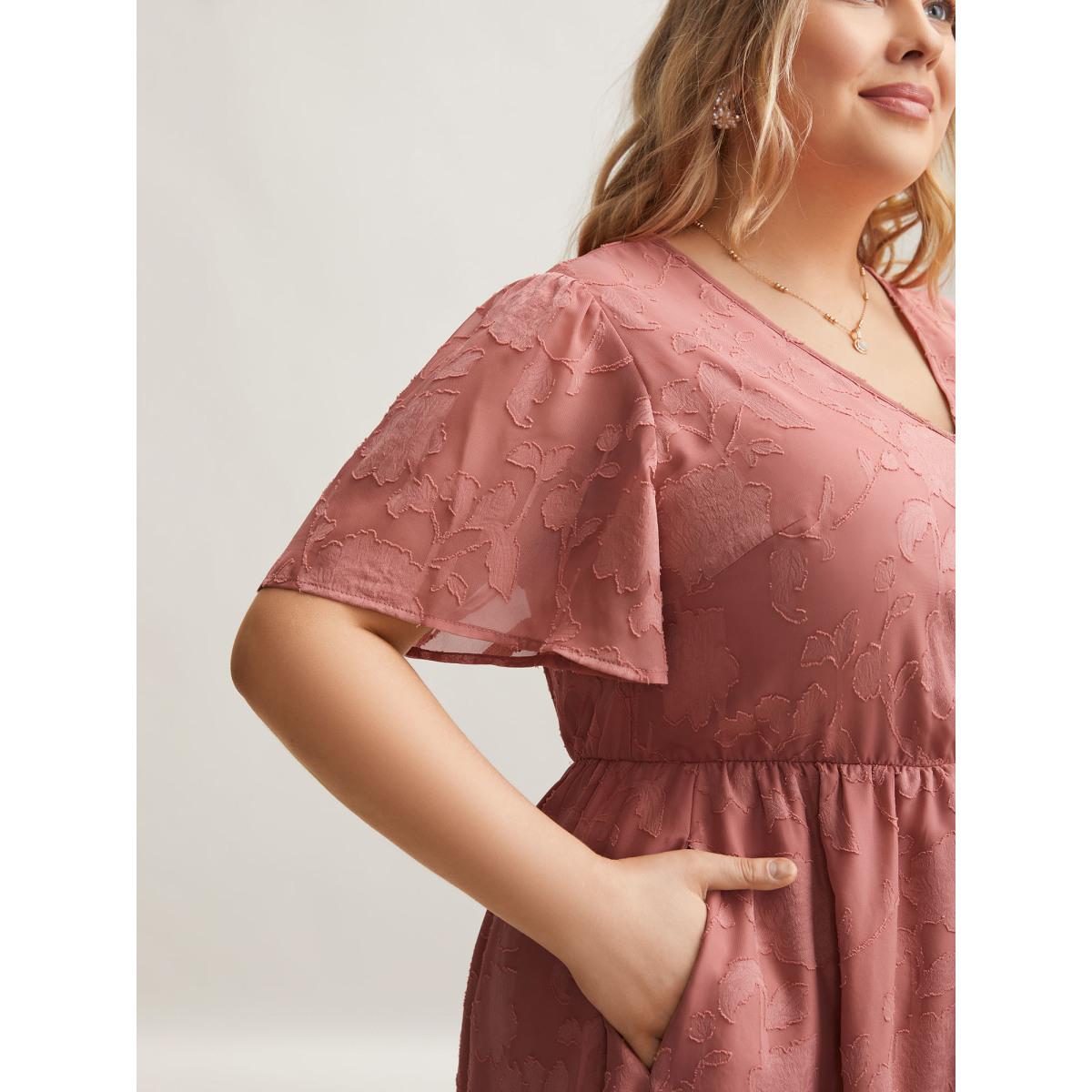 Plus Size Textured Surplice Neck Flared Sleeve Midi Dress Rouge Women Elegant Texture Overlap Collar Short sleeve Curvy BloomChic 22-24/3X Product Image