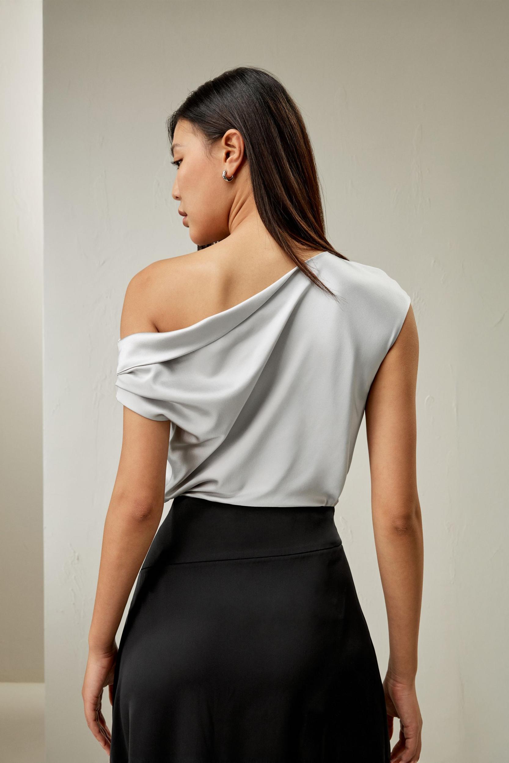 LILYSILK Female One Shoulder Silk Top - Silvergray Premium Silk - Perfect Wardrobe Staples Cowl Neck Silk Top 10 Product Image