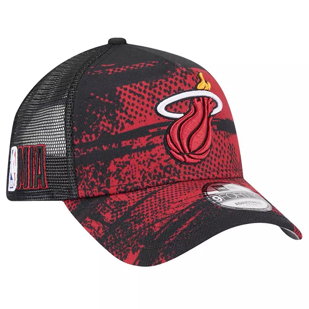Men's New Era Black/Red Miami Heat Tip Off A-Frame Trucker 9FORTY Adjustable Hat Product Image