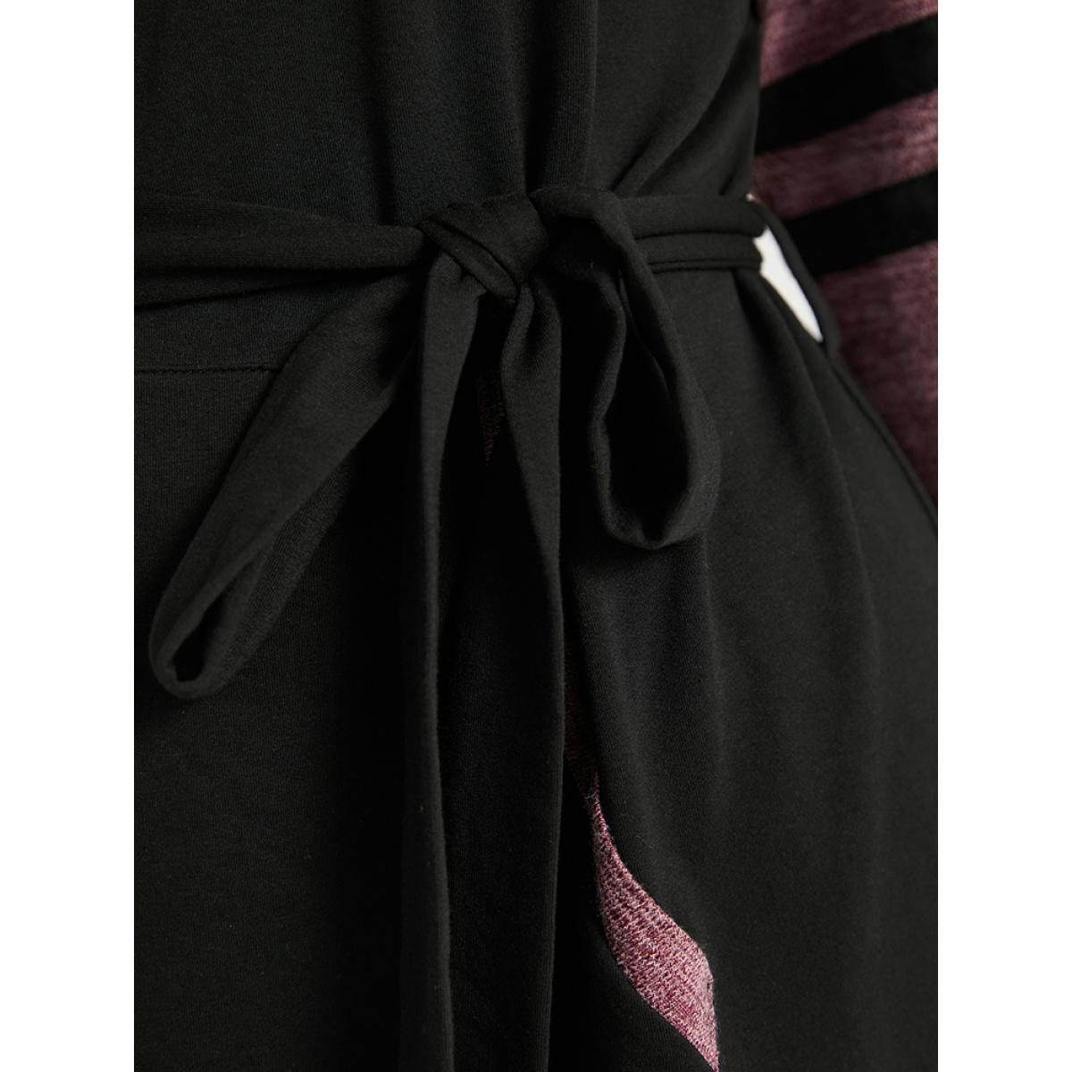 Plus Size Stitch Pocket Striped Patchwork Raglan Sleeve Belted Dress Black Women Casual Belted Round Neck Long Sleeve Curvy Midi Dress BloomChic 14-16/1X Product Image