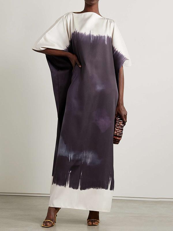 Batwing Sleeves Loose Contrast Color Printed Split-Joint Round-Neck Maxi Dresses Product Image