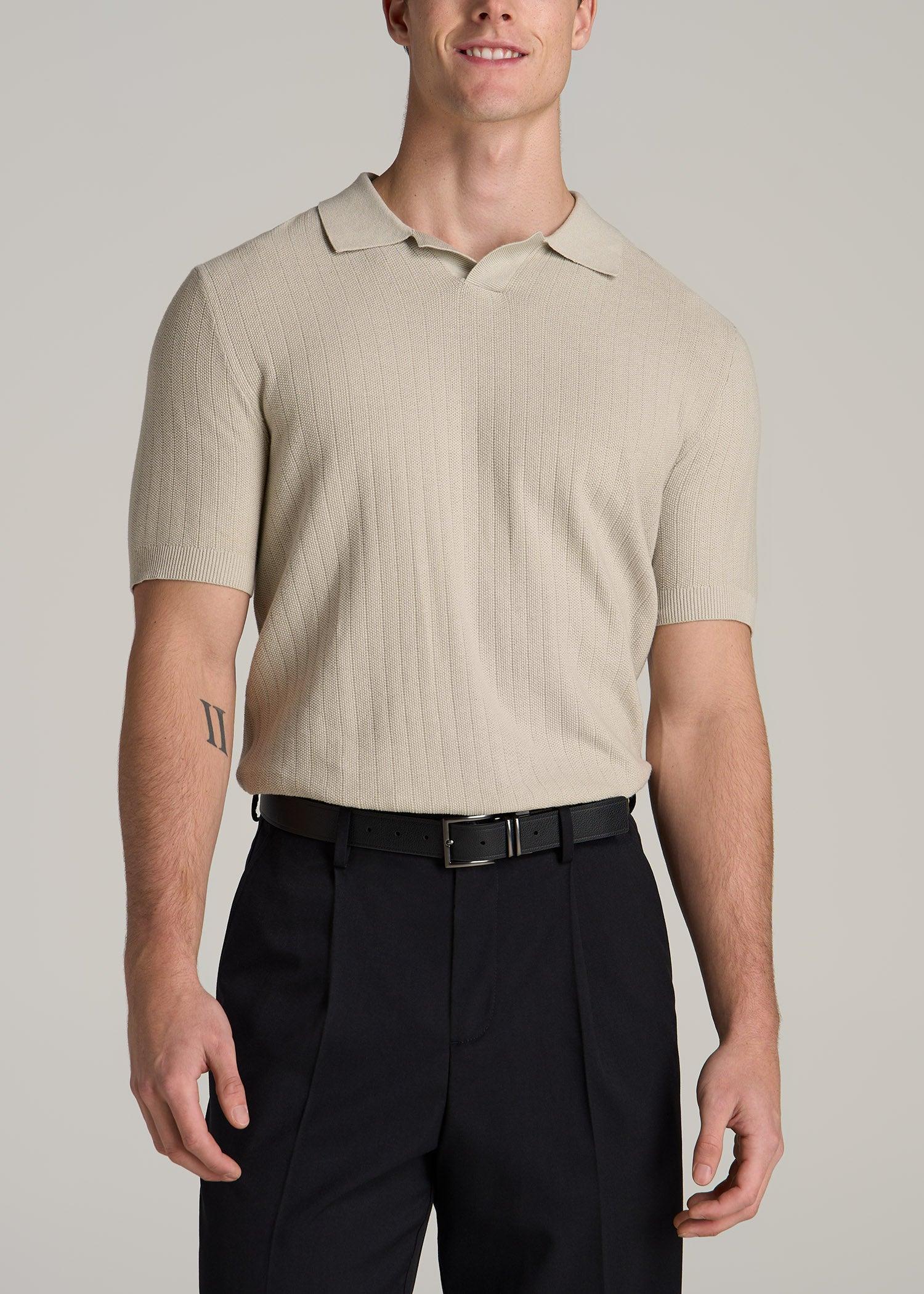 Linen Blend Ribbed Knit Polo Shirt for Tall Men in Stone Male Product Image