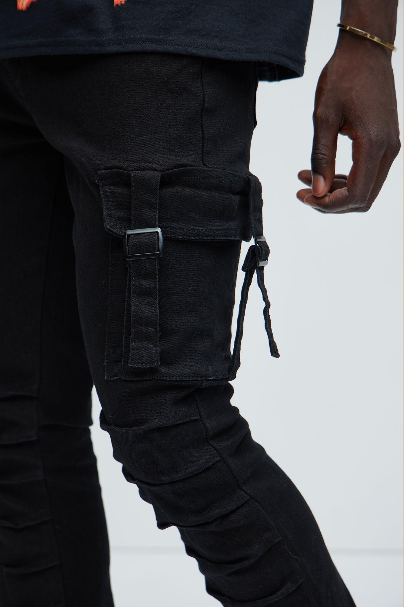 Step In Ruched Skinny Flare Cargo Jeans - Black Product Image