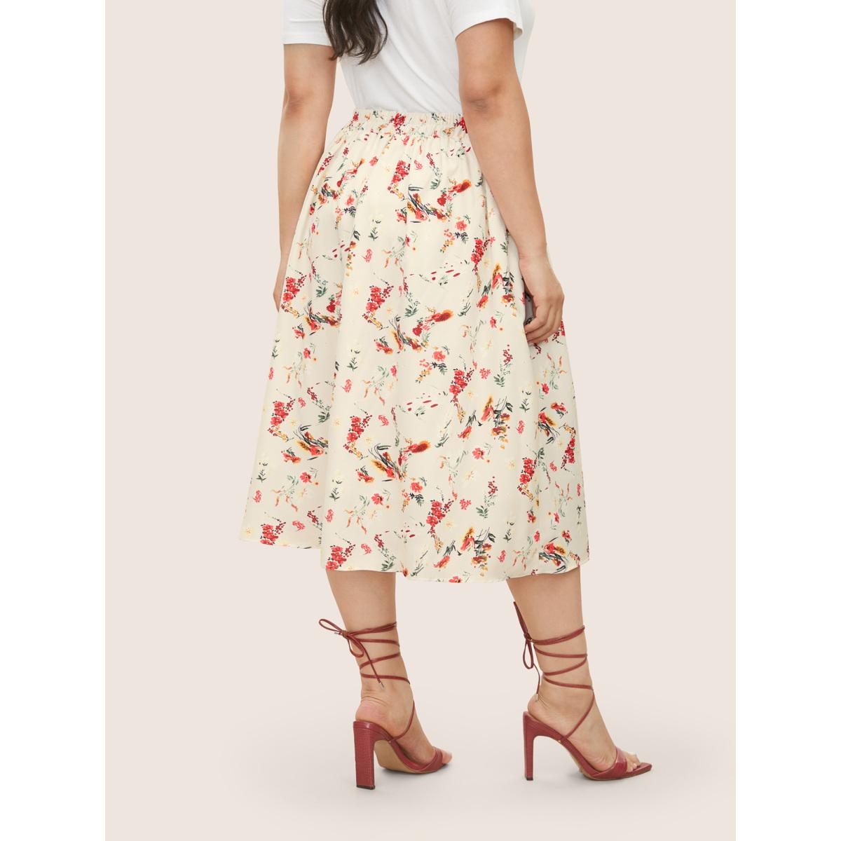 Plus Size Floral Print Pleated Elastic Waist Skirt Women Beige Elegant Pleated No stretch Everyday Skirts BloomChic 18-20/2X Product Image