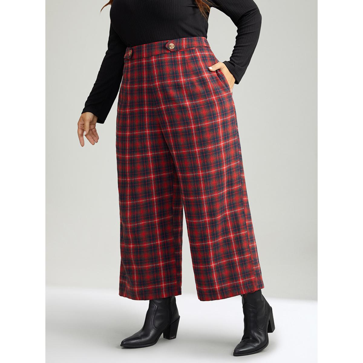 Plus Size Plaid Button Detail Pocket Loose Pants Women Scarlet Elegant Loose Mid Rise Festival-Christmas Pants BloomChic 14-16/1X Product Image