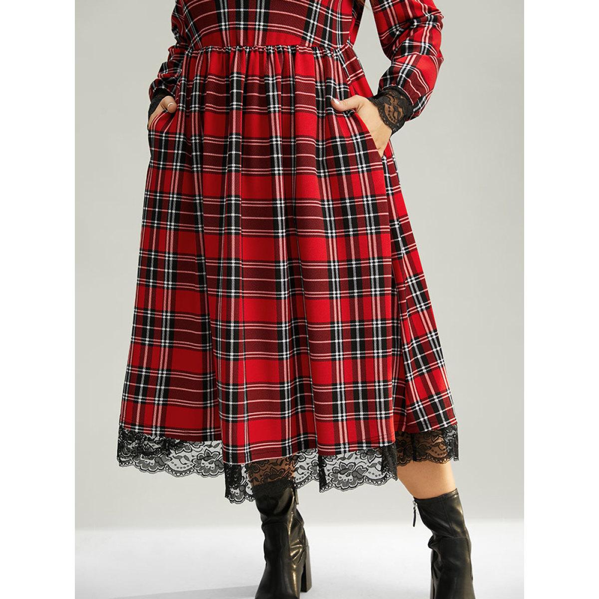 Plus Size Plaid Guipure Lace Elastic Waist Gathered Dress Raspberry Women Casual Printed Round Neck Long Sleeve Curvy Midi Dress BloomChic 14-16/1X Product Image