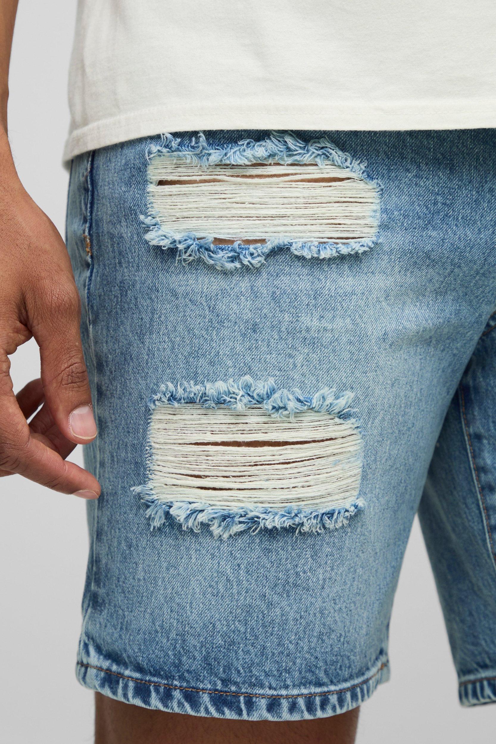 Slim Fit Ripped Washed Blue Denim Shorts | boohooMAN USA Product Image