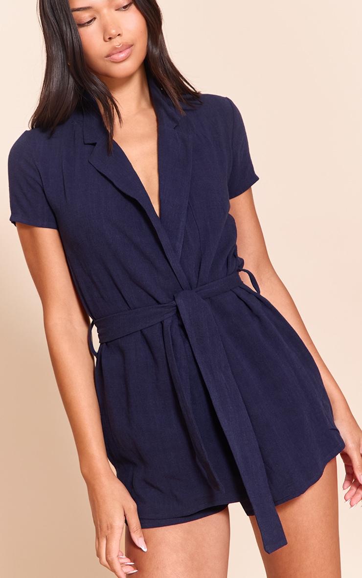 Navy Linen Look Wrap Skort Romper Product Image