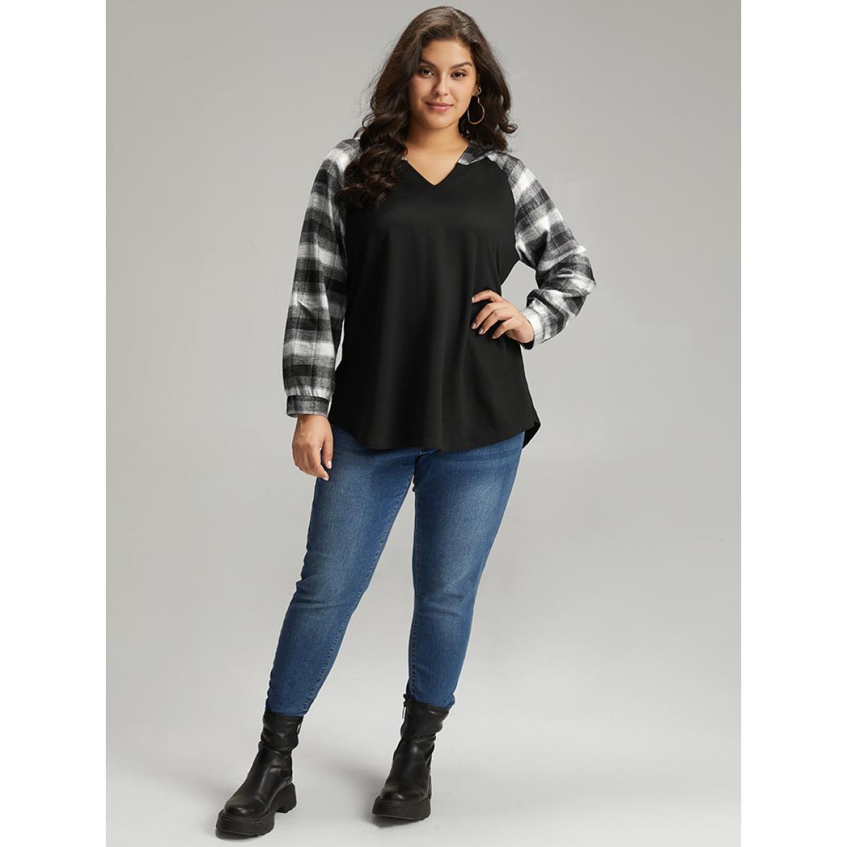 Plus Size Plaid Print Hooded Patchwork Sweatshirt Women Black Casual Patchwork Hooded Everyday Sweatshirts BloomChic 28/5X Product Image