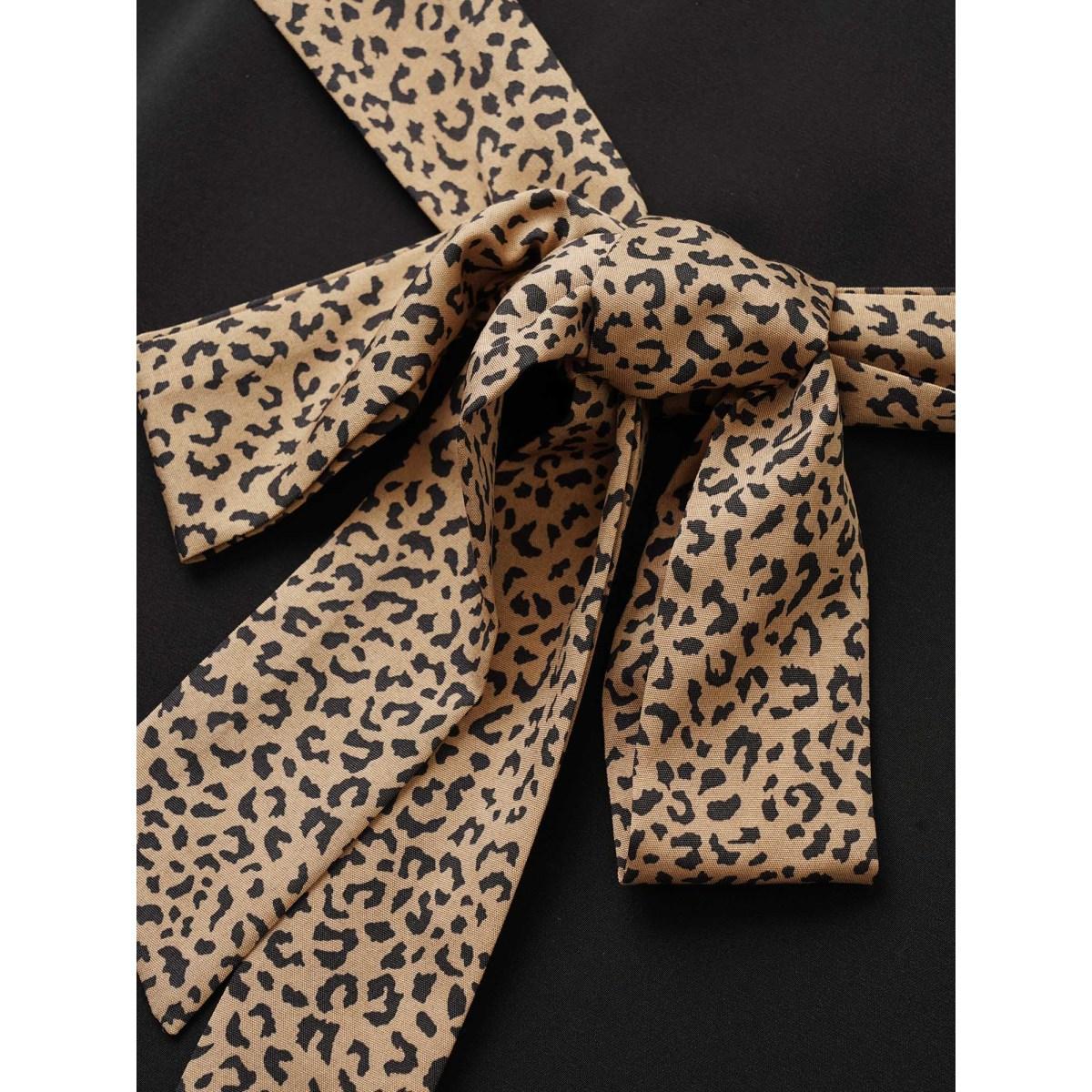 Plus Size Anti-Wrinkle Leopard Patchwork Tab Sleeve Dress Black Women At the Office Non Lapel Collar Elbow-length sleeve Curvy Midi Dress BloomChic 30/6X Product Image