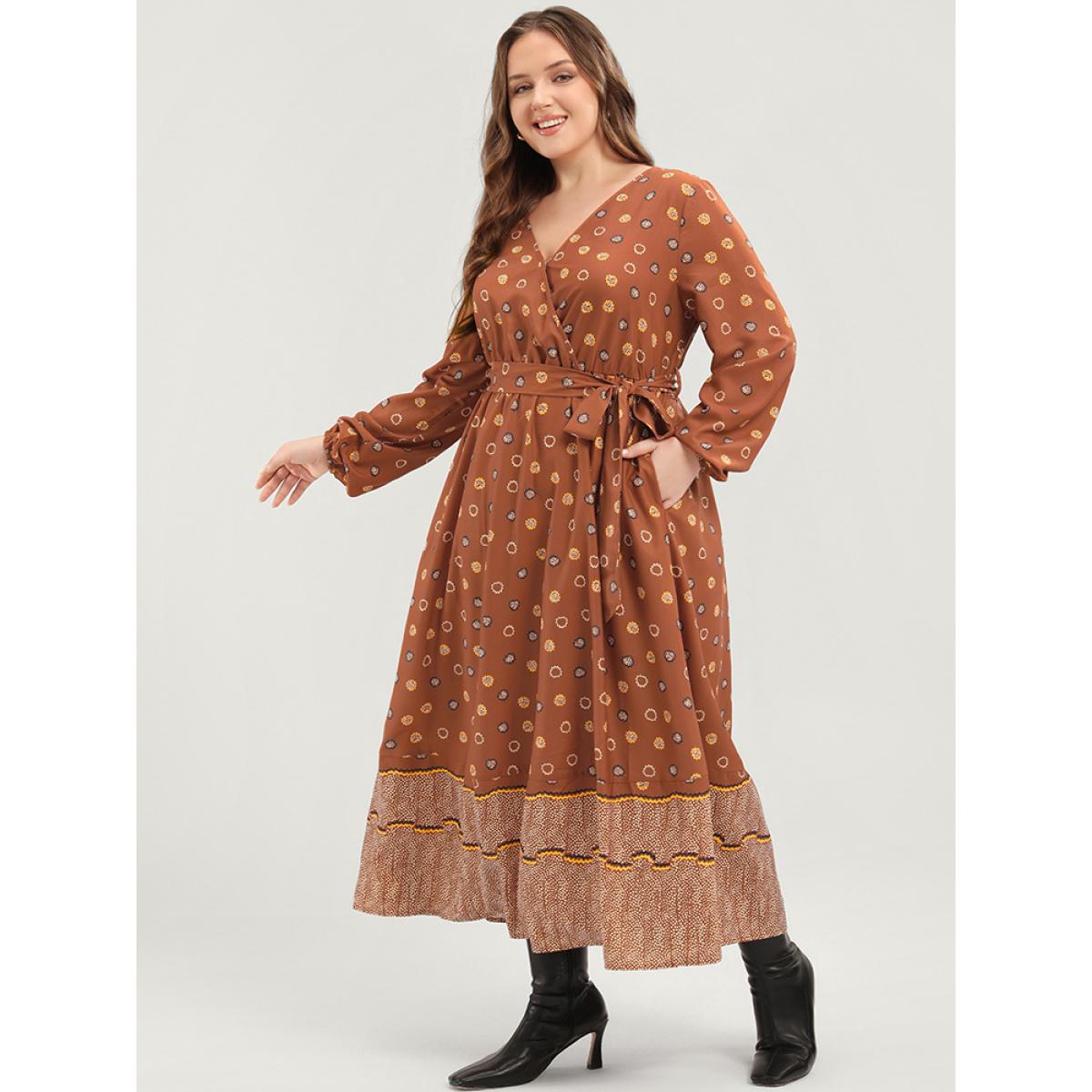Plus Size Polka Dot Lantern Sleeve Pocket Belted Surplice Neck Maxi Dress Bronze Women Vacation V-neck Long Sleeve Curvy Long Dress BloomChic 14-16/1X Product Image