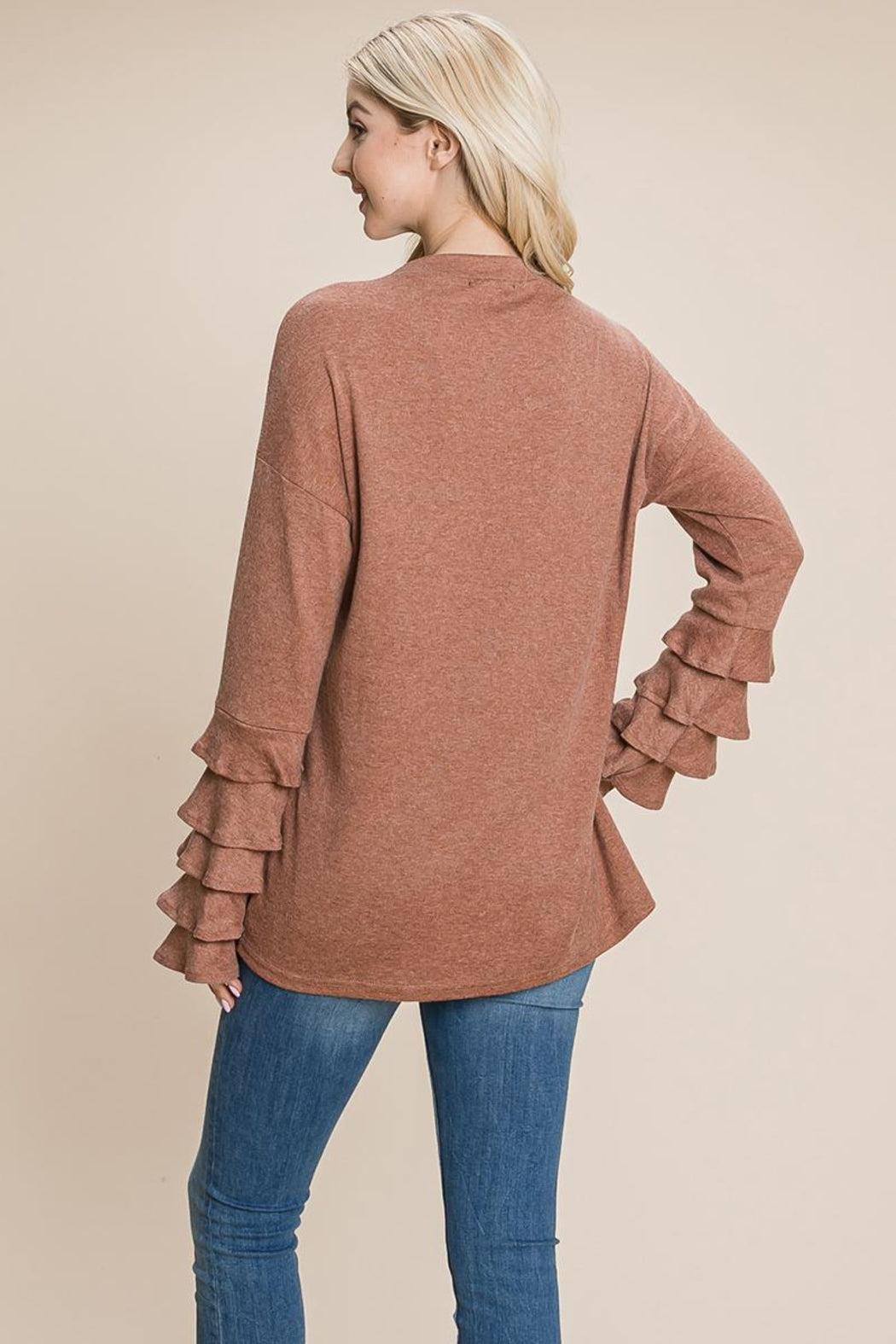 Long Sleeve Ruffle Layered Shirred Sweaters Shirts Product Image