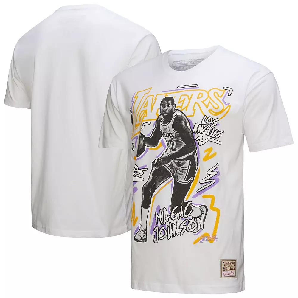 Men's Mitchell & Ness Magic Johnson White Los Angeles Lakers Hardwood Classics Chalked Up T-Shirt,  Product Image