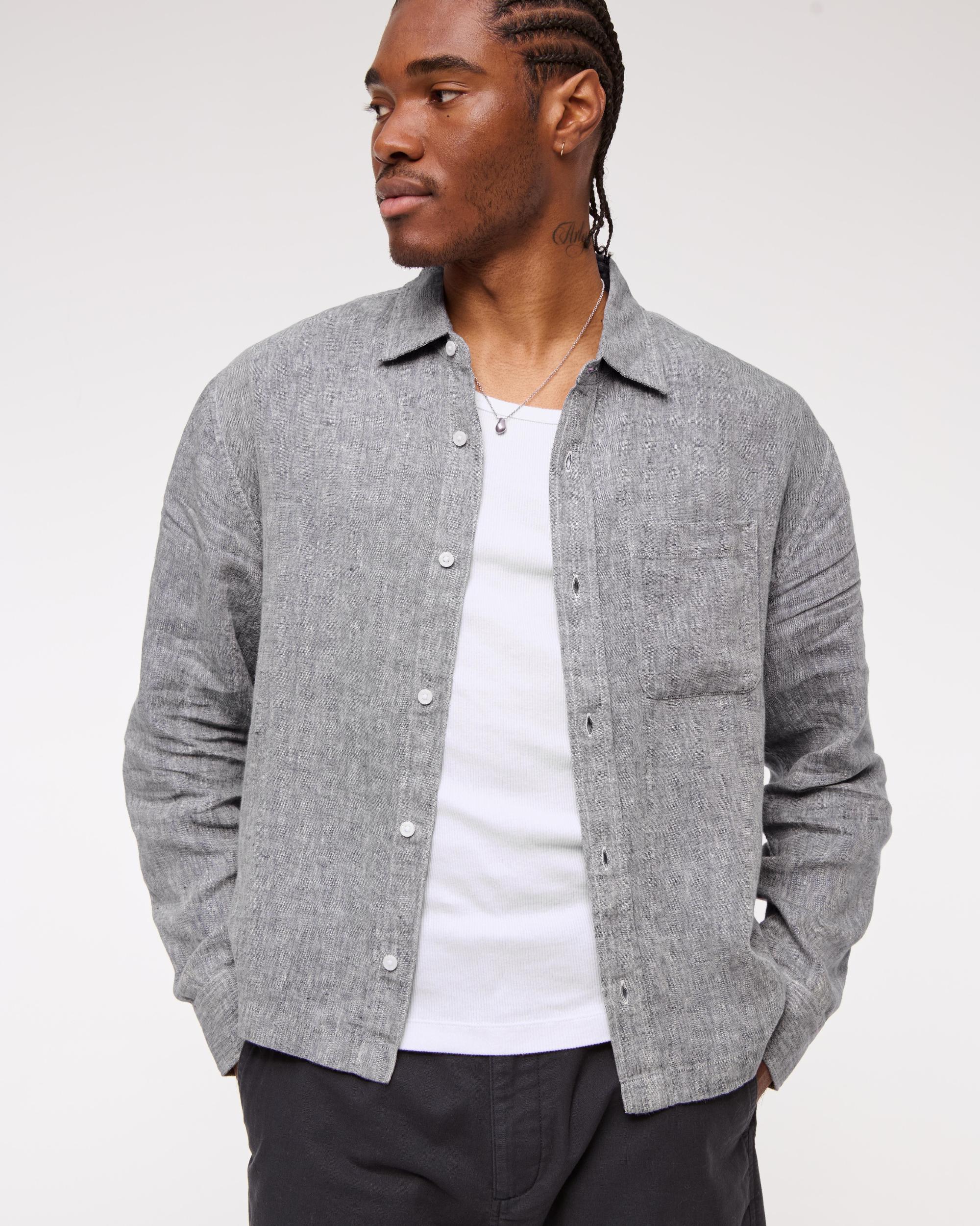 Cropped Linen Button-Up Shirt Product Image