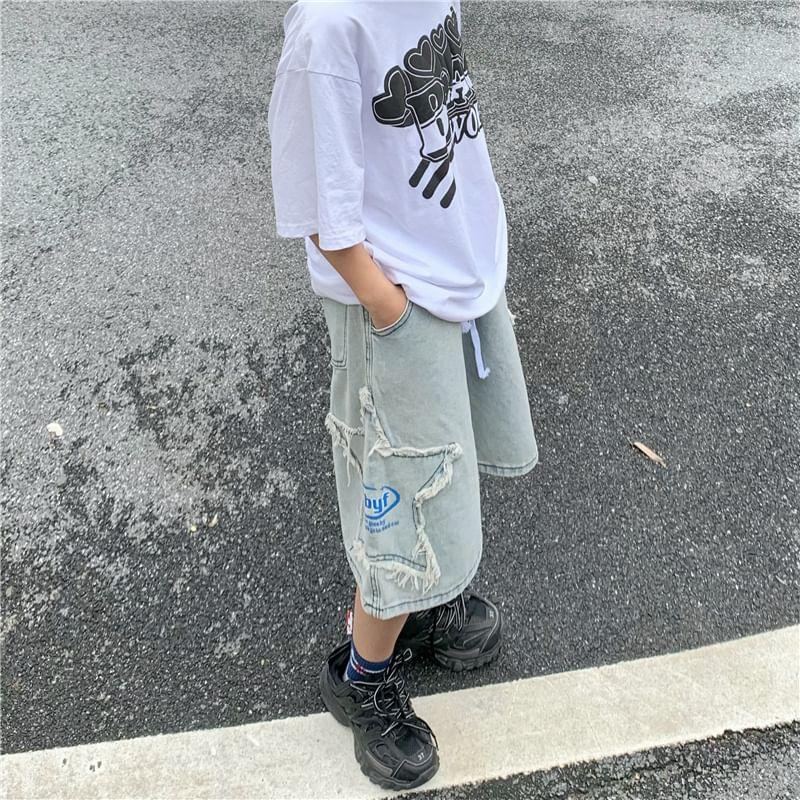 Mid Waist Embroidered  Denim Shorts Product Image