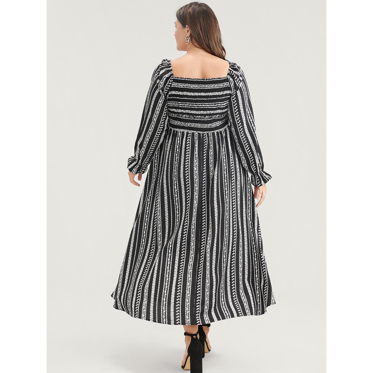Plus Size Striped Square Neck Lantern Sleeve Pocket Shirred Split Dress Black Women Vacation Pocket Square Neck Long Sleeve Curvy Midi Dress BloomChic 26/4X Product Image
