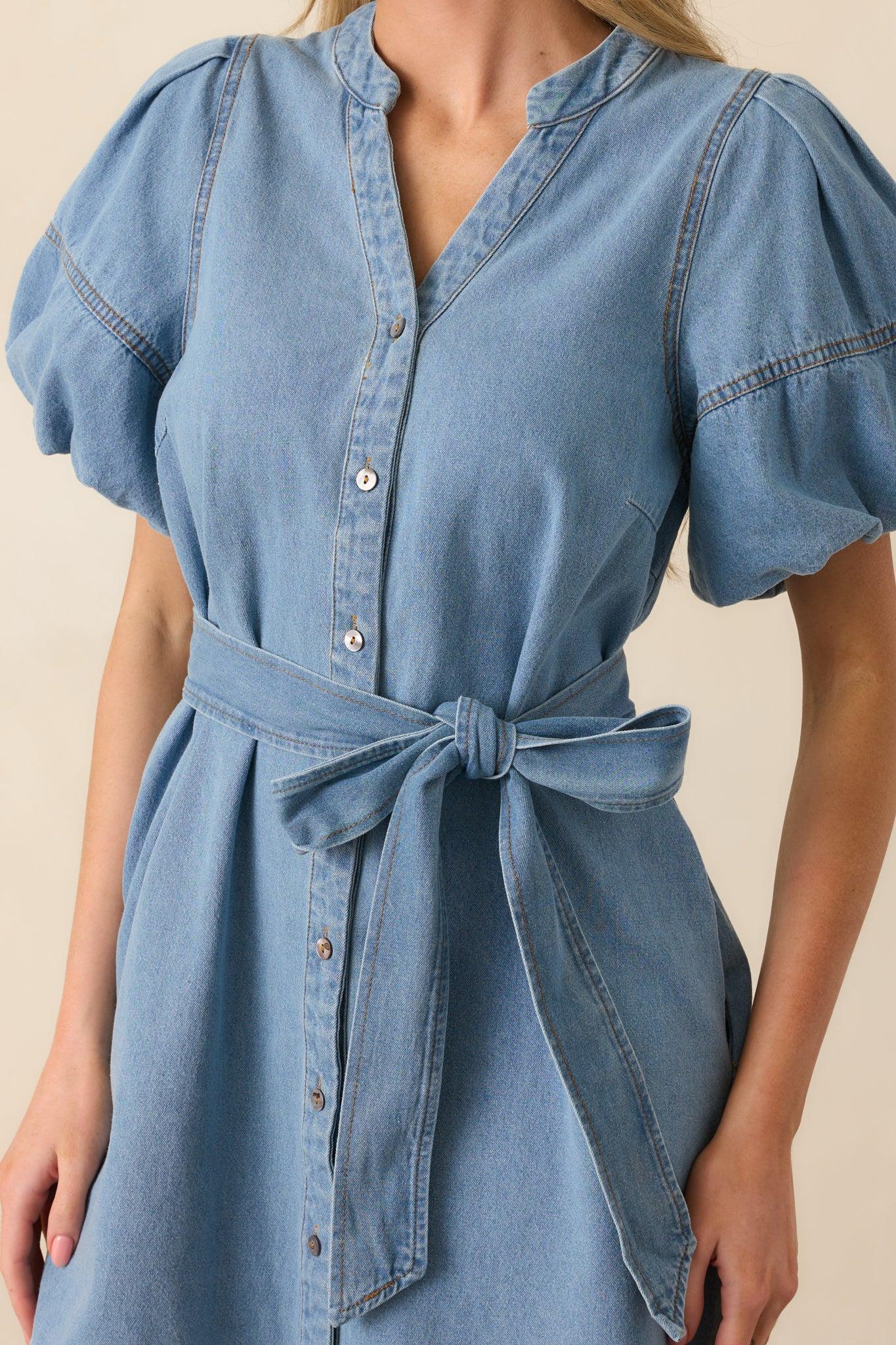 Rooftop Soiree Light Wash Denim Button Front Mini Dress Product Image