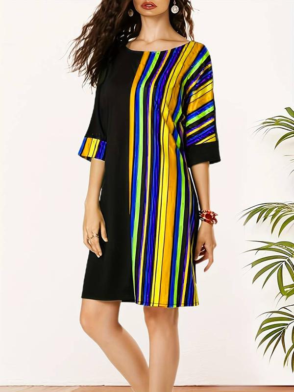 A-Line Half Sleeves Asymmetric Contrast Color Striped Round-Neck Mini Dresses Product Image
