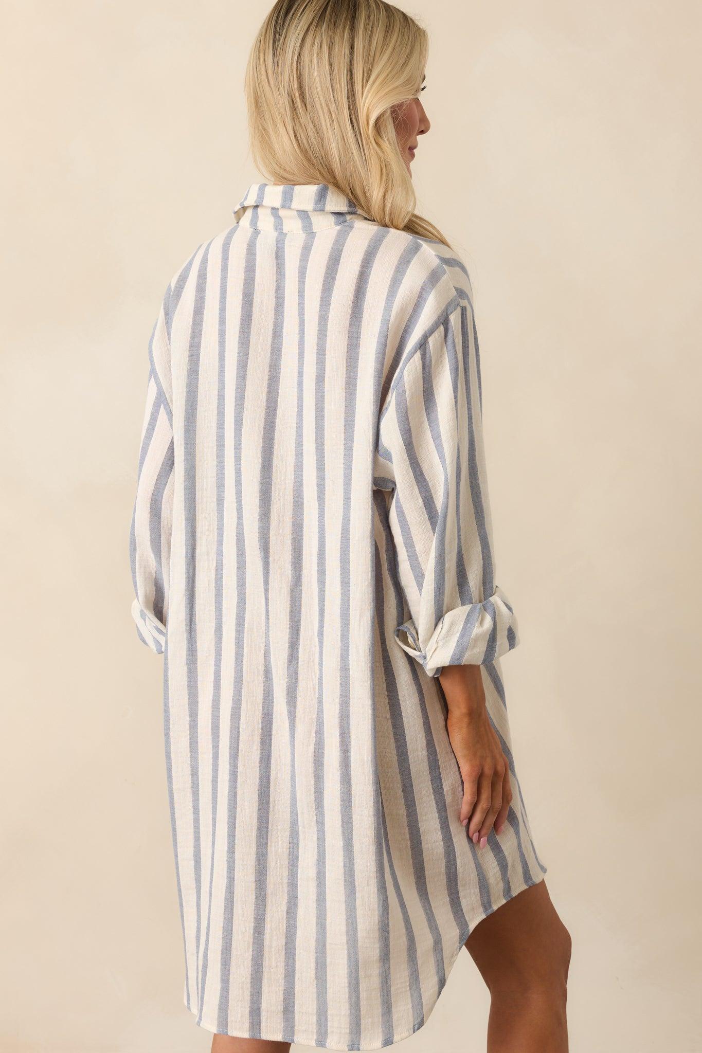 Better Than Expected Blue Stripe Cotton Mini Shirt Dress Product Image