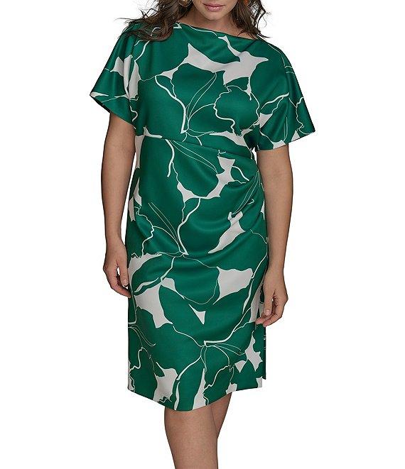 Donna Karan Plus Size Scuba Boatneck Short Sleeve Midi Sheath Dress Product Image