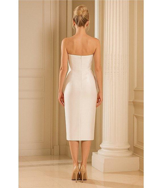 Terani Couture Mikado Strapless Floral Applique Midi Dress Product Image