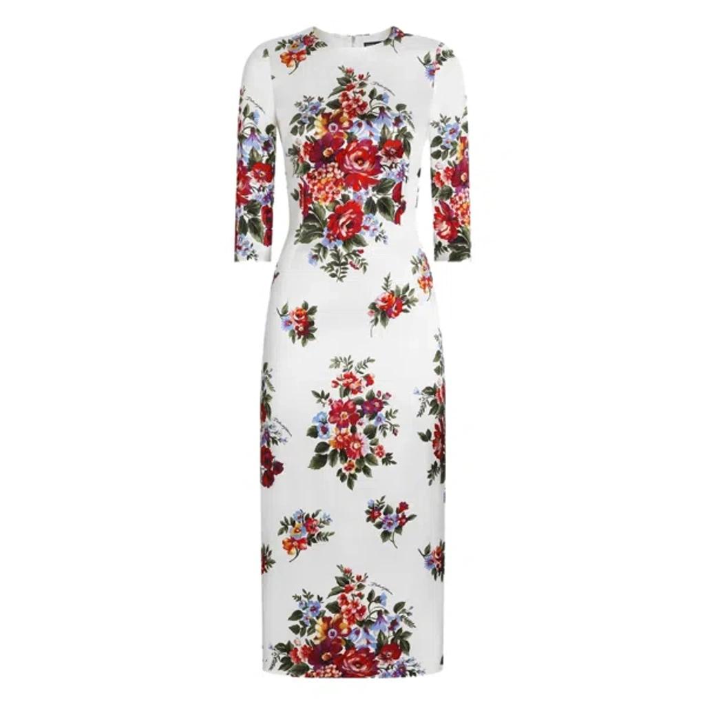 DOLCE & GABBANA Abito Midi Bianco Con Stampa Floreale Dolce E Gabbana In White Product Image
