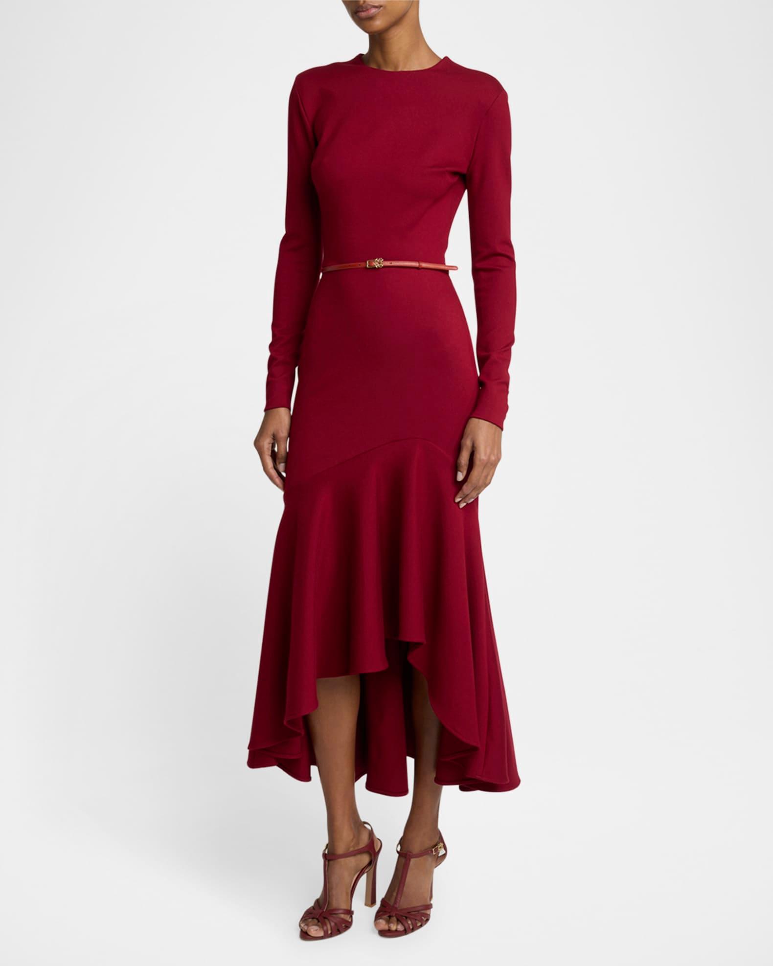 Long-Sleeve Flounce-Hem Jersey Midi Dress Product Image