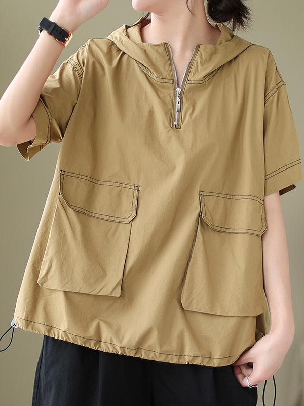 Loose Short Sleeves Zipper Hooded T-Shirts Tops Product Image
