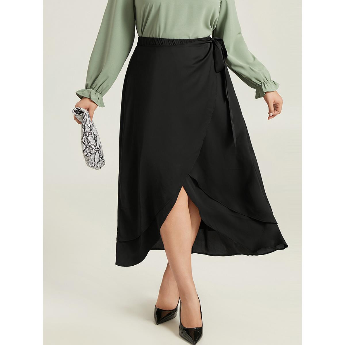 Plus Size Ruffles Ties Asymmetrical Hem Skirt Women Black Office Plain No stretch Work Skirts BloomChic 14-16/1X Product Image