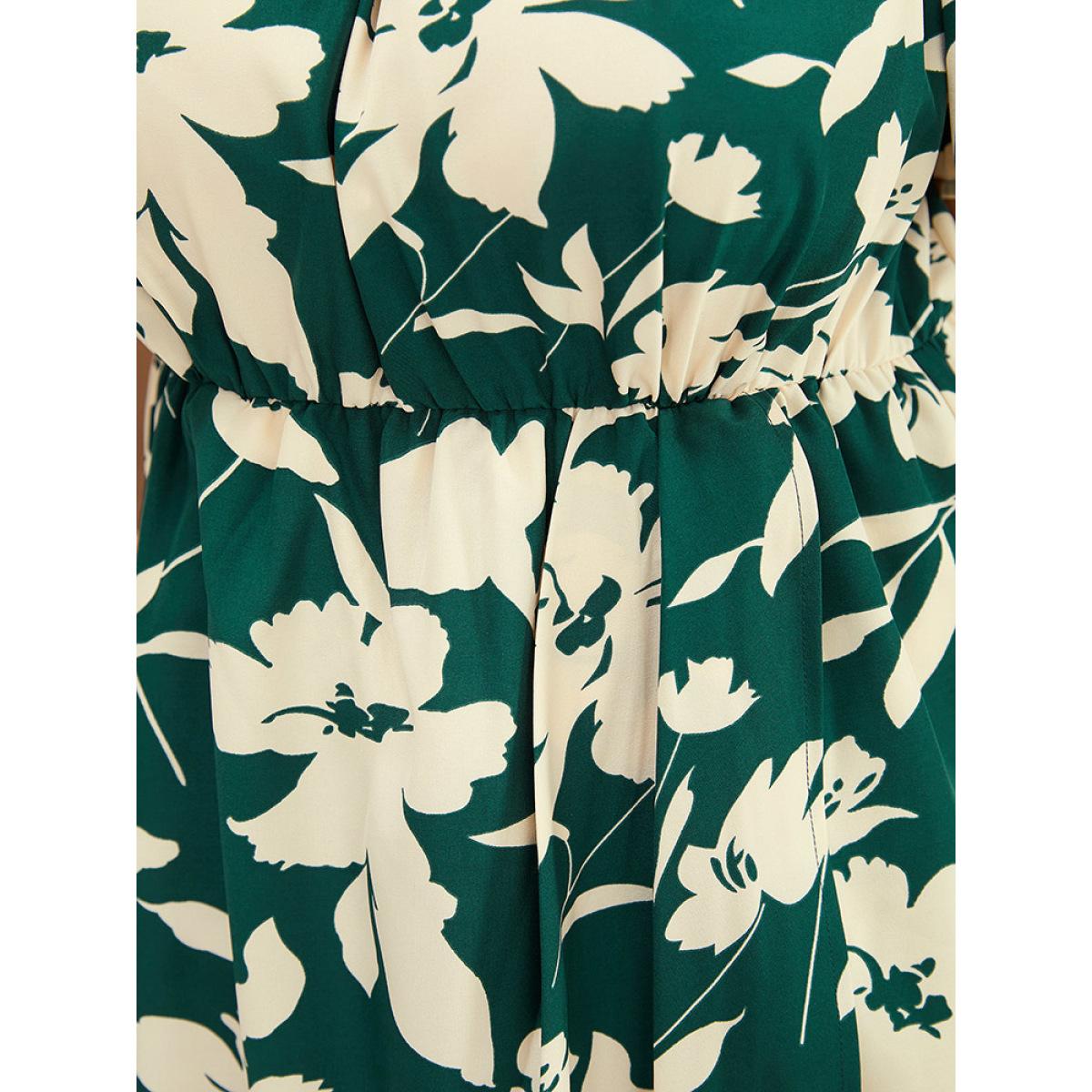 Plus Size Floral Ruffles Pleated Split Hem Pocket Off Shoulder Dress Emerald Women Elegant Printed One-shoulder neck Short sleeve Curvy Midi Dress BloomChic 30/6X Product Image