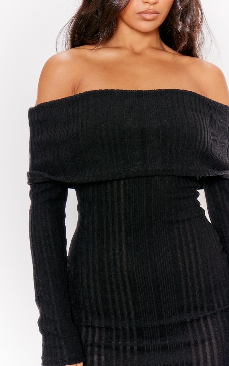 Black Brushed Rib Oversized Bardot Maxi Dress Product Image