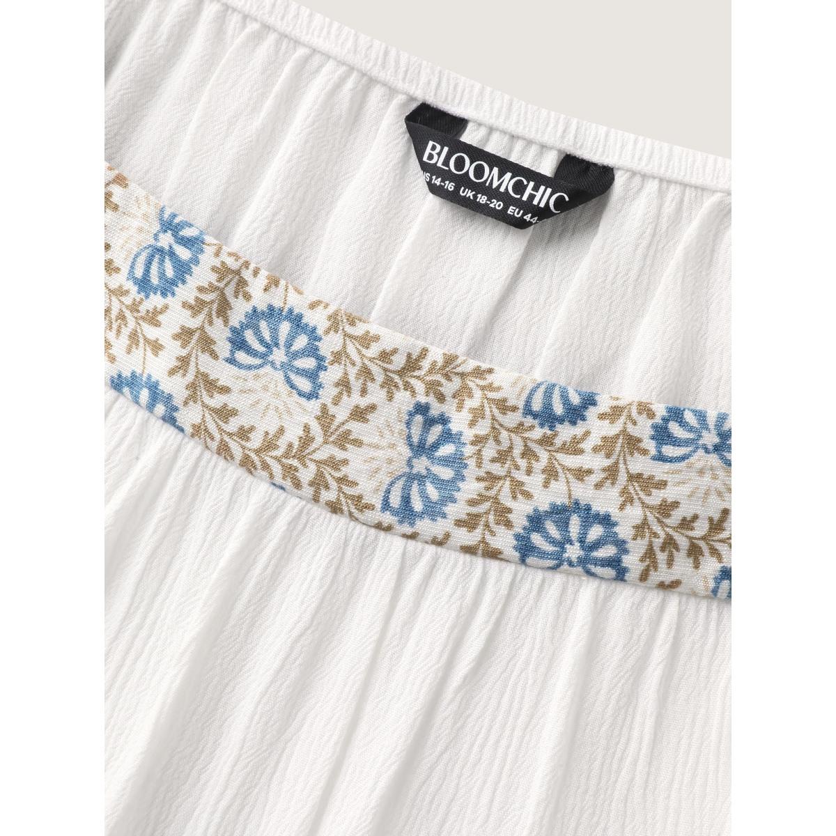 Plus Size Originalwhite Boho Spliced Neck Pleated Plain Blouse Women Elbow-length sleeve Square Neck Vacation Blouses BloomChic 28/5X Product Image