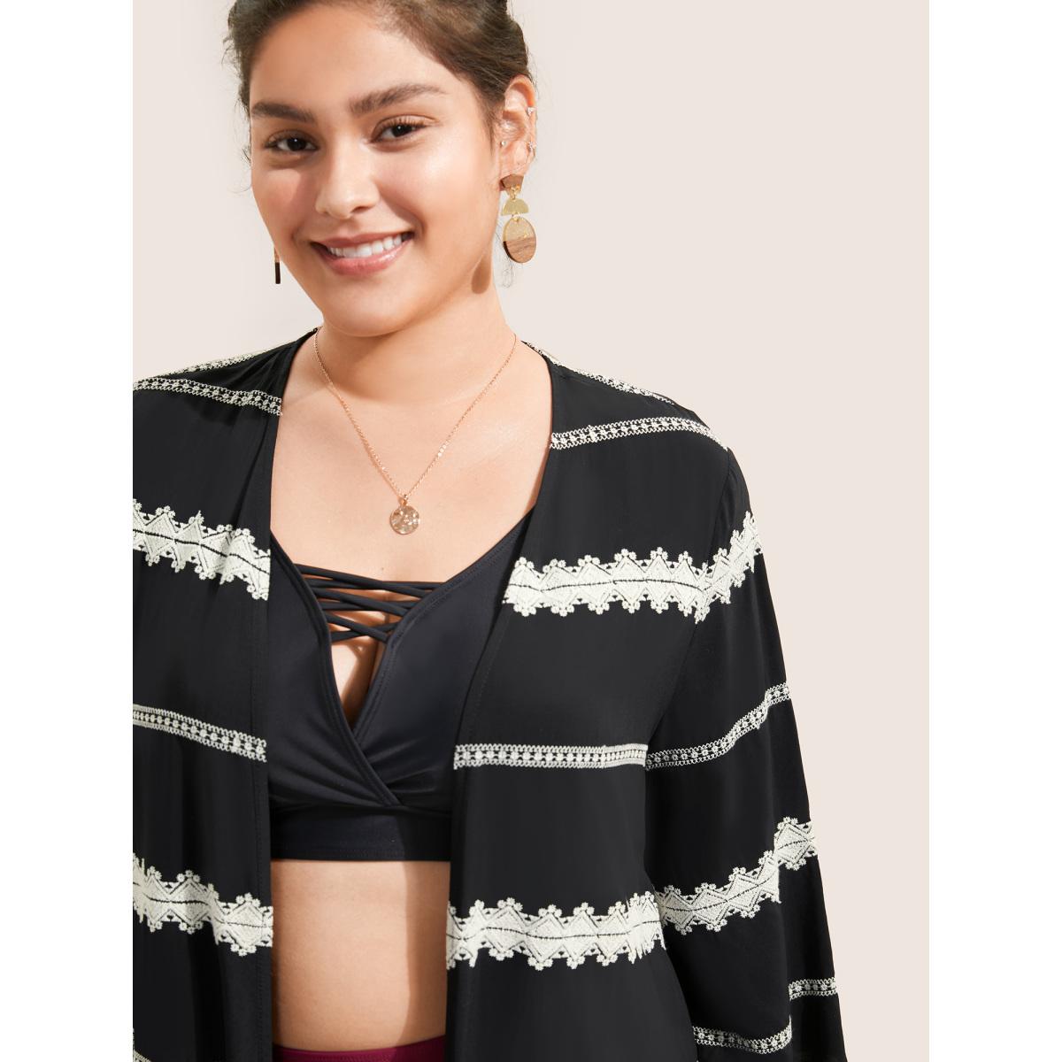 Plus Size Striped Embroidered Patchwork Kimono Women Black Resort Contrast Vacation Kimonos BloomChic 14-16/1X Product Image