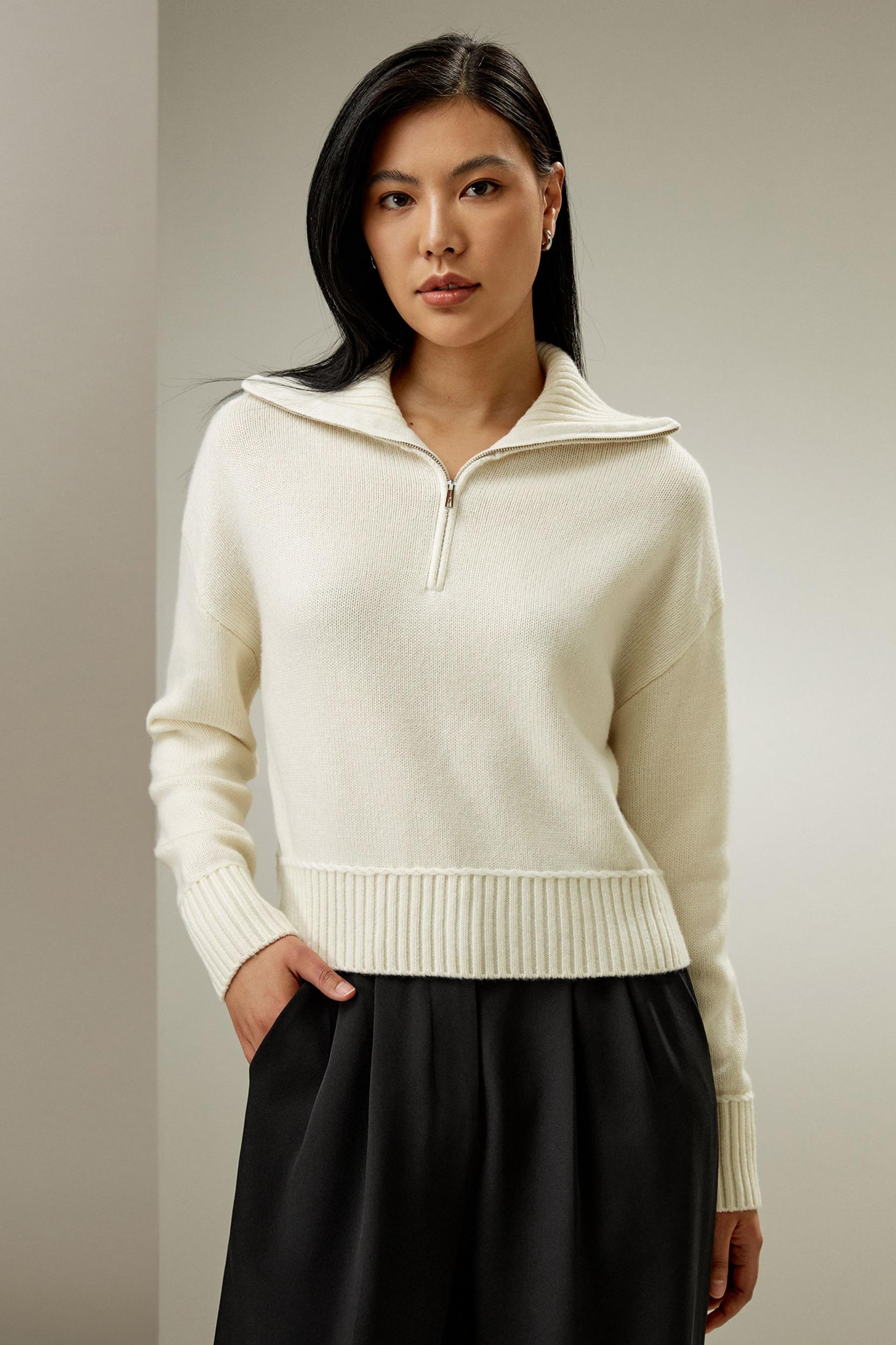 LILYSILK Quarter Zip Cashmere - for Women - White Golden Ratio Cashmere Wool Blend - Versatile Ribbed Tops S Product Image