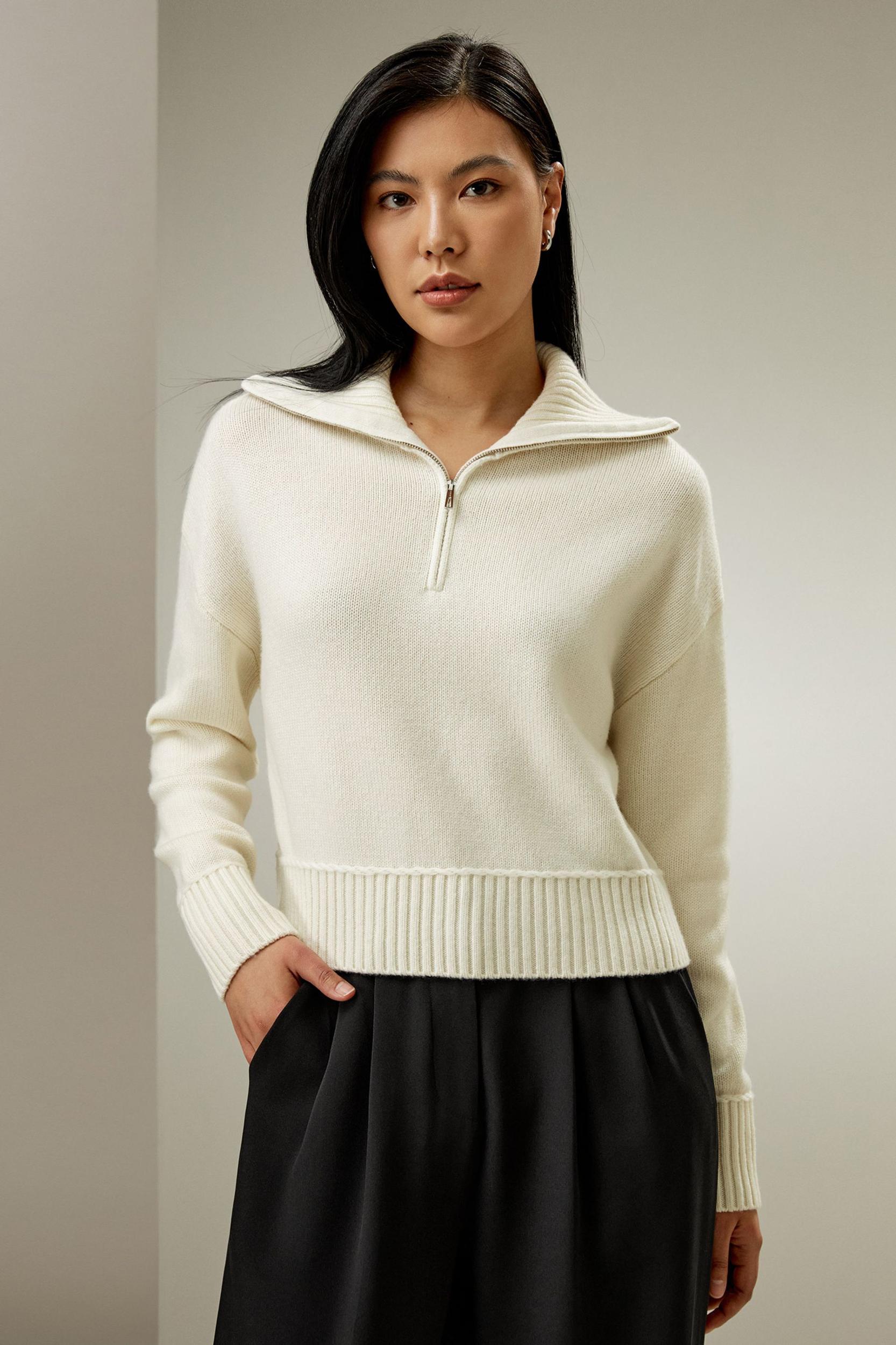 LILYSILK Quarter Zip Cashmere - for Women - White Golden Ratio Cashmere Wool Blend - Versatile Ribbed Tops S Product Image
