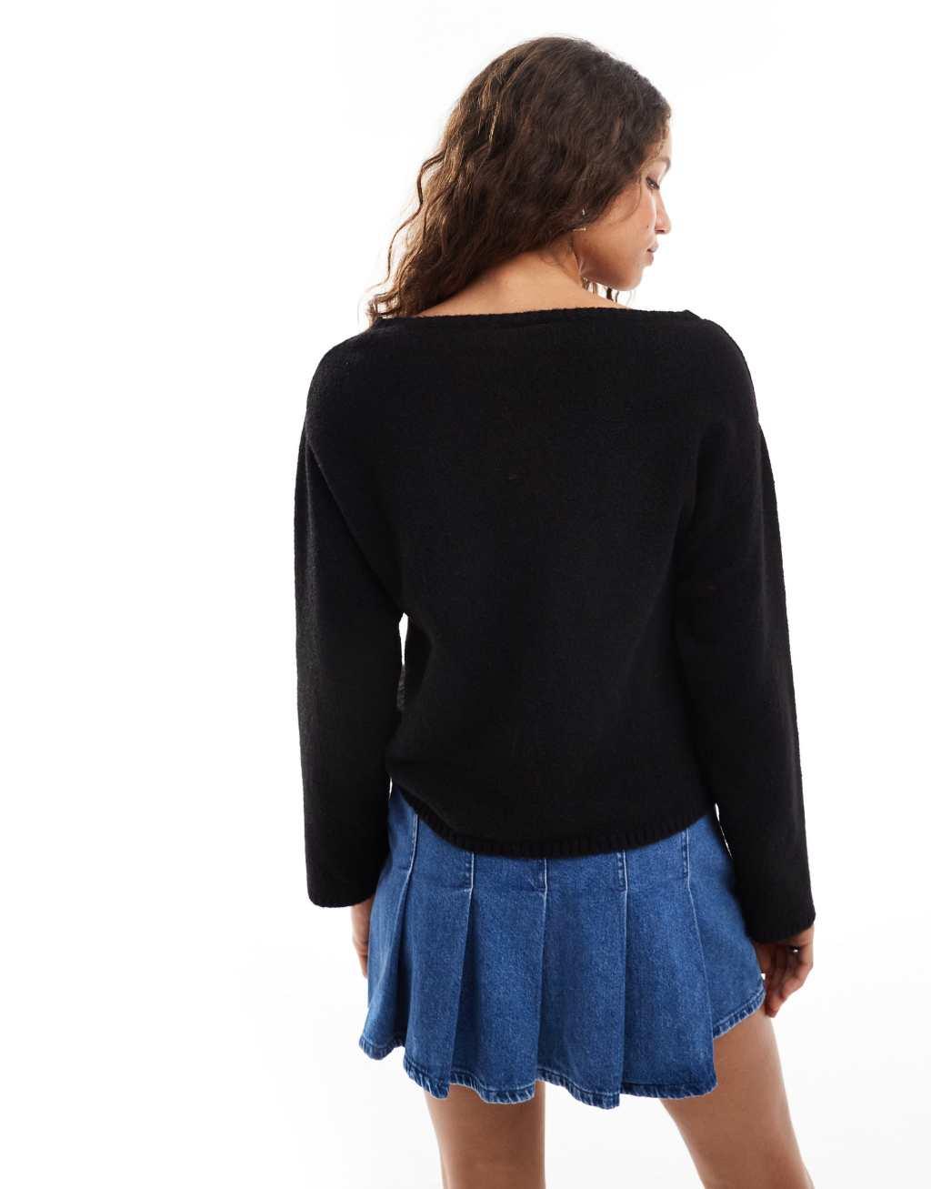 Monki knitted top with off shoulder boat neck in black Product Image