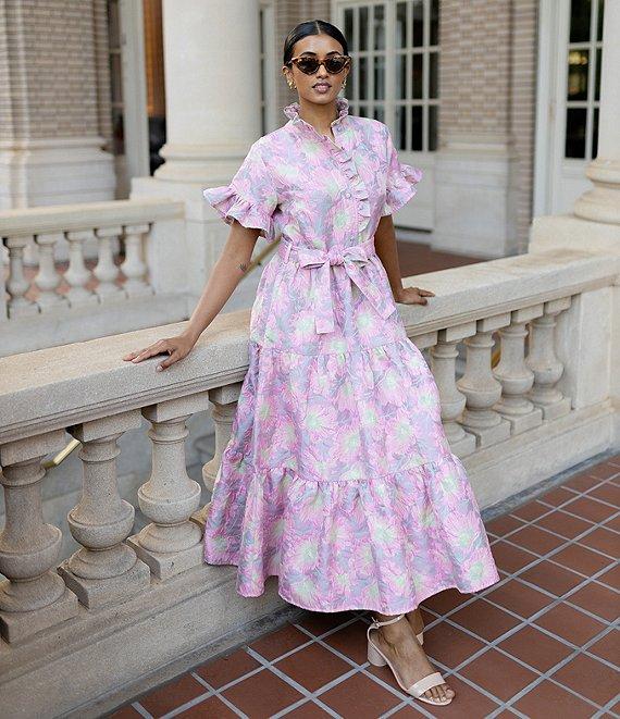 Abbey Glass Floral Print Sadie Ruffle Short Sleeve Tie Waist Tiered Pocketed Midi Dress Product Image