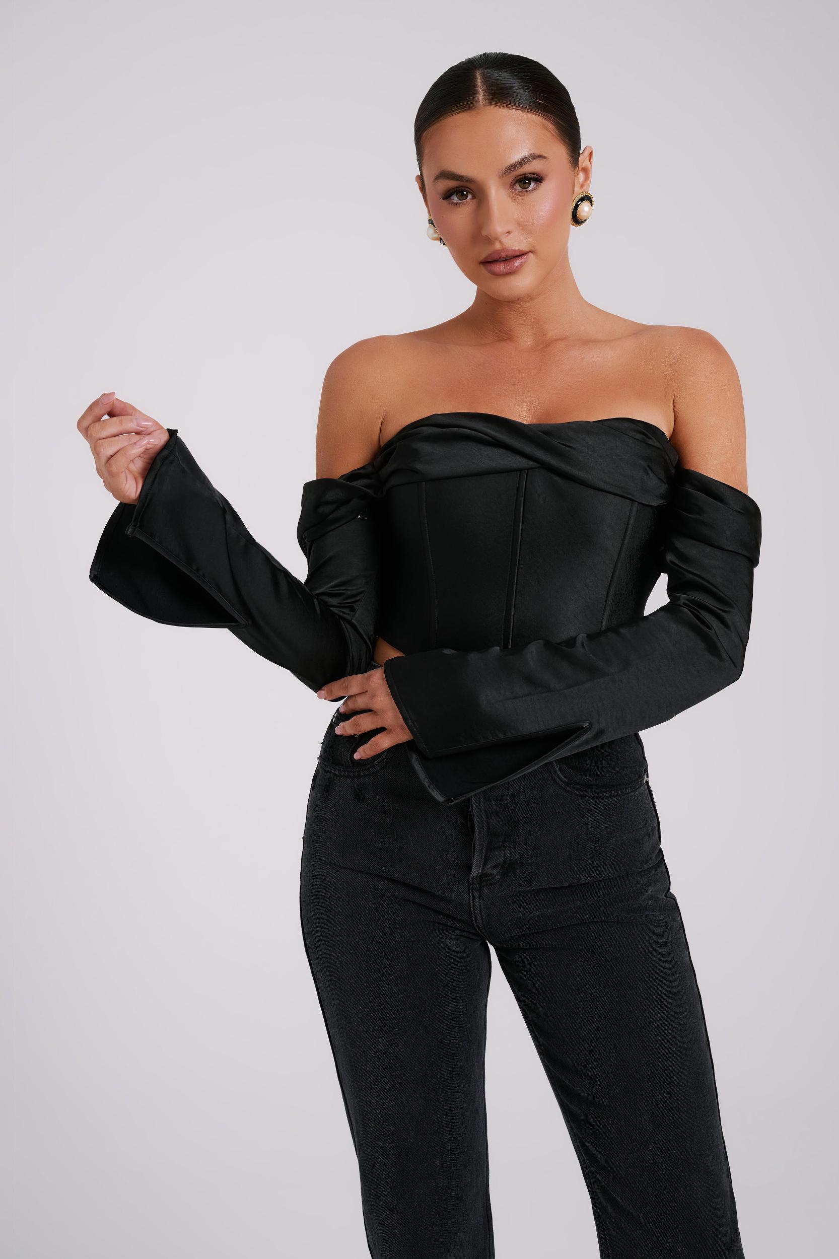 Giselle Satin Off Shoulder Top - Black Product Image