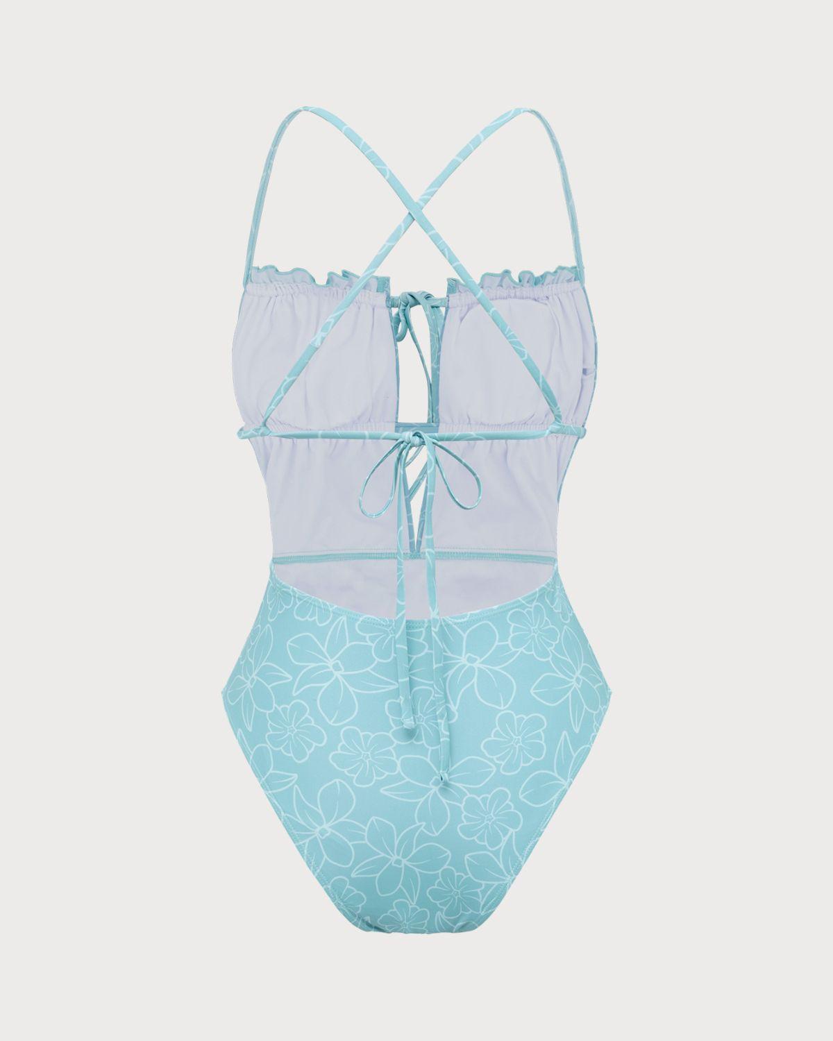 Blue Ruched Tie Front One-Piece Swimsuit Product Image
